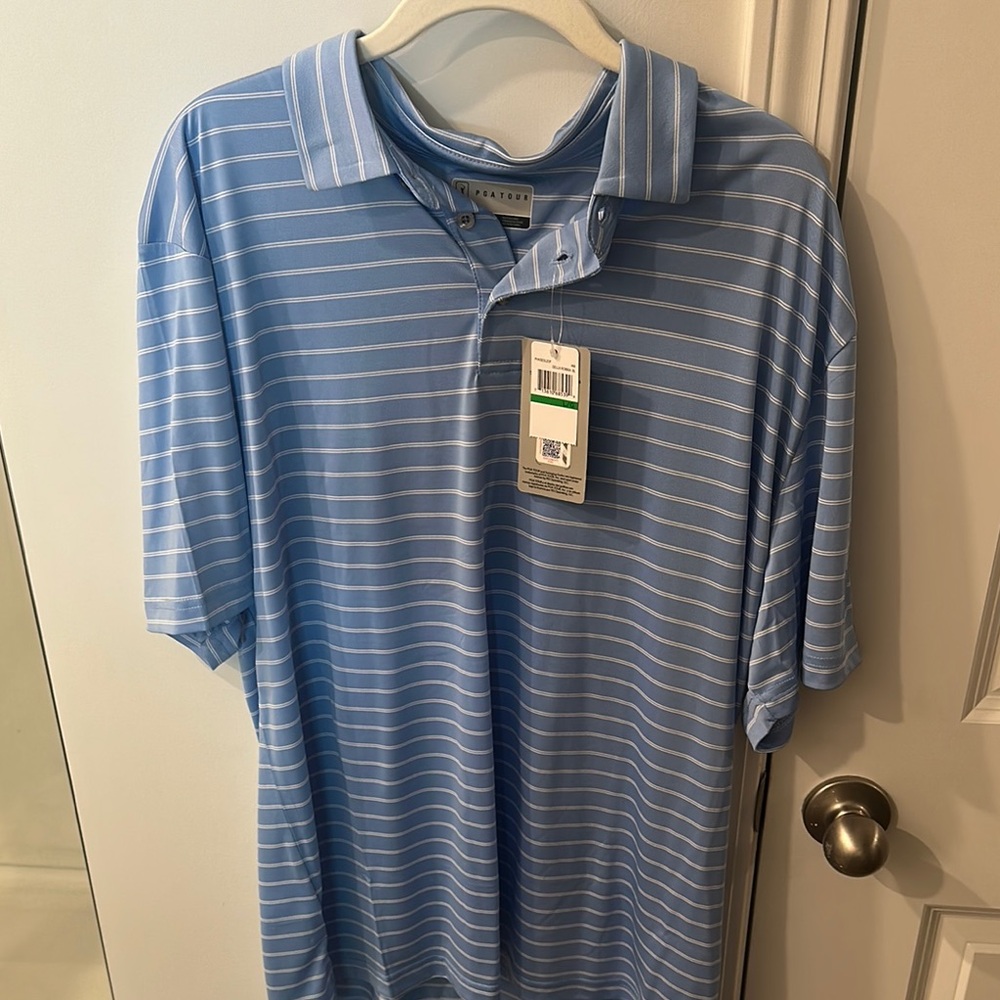 PGA Tour Blue and White Striped Polo Shirt